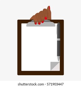 Woman hand holding blank sheet of paper. Isolated on white background. Flat vector stock illustration