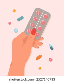 Woman hand holding blister pack of pills, drugs or vitamins. Pharmaceutical, drug store concept. Vector flat illustration in cartoon style for medical poster, banner for healthcare