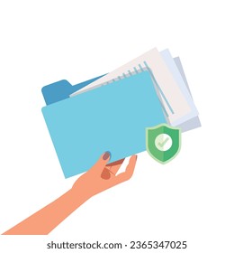 Woman hand holding blue folder with security logo. Data and report concept.