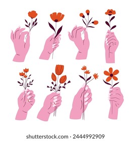 Mano de mujer sosteniendo un ramo de flores de estilo plano de Vector, conjunto de dibujos animados moderno que saluda a la colección de iconos felices. 