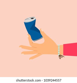 Woman hand holding broken aluminum can vector illustration