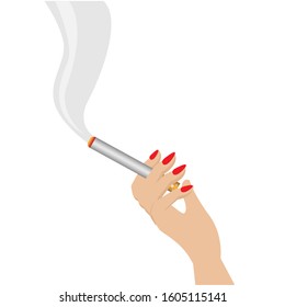 Woman hand holding burning cigarette with filter and smoke. Isolated on white background. Vector Illustration.