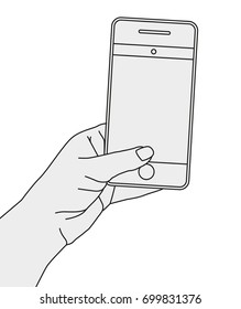Woman hand holding a cell phone shooting a picture. Photo-sharing on smartphone concept. Vector outline  illustration in grey and black colours isolated on a white background.