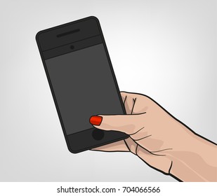 Woman hand holding a cell phone shooting a picture. Photo-sharing on smartphone. Vector illustration isolated on a light grey background.