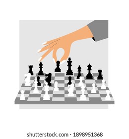 Woman hand holding chess black pawn. During chess game woman move pawn chess piece on the chessboard. Business strategy success concept.