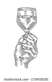 Woman hand holding and clinking wine glass. Vintage vector black engraving illustration for web, poster, invitation to party. Isolated on white background.
