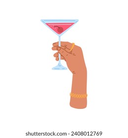 Mujer sosteniendo mano un cóctel de vidrio. Bebida rosa alcohólica con cereza, margarita o martini bebida vectorial ilustración plana. Cóctel de bar o alcohol fuerte en el brazo aislado en blanco