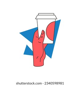 Woman hand holding coffee paper cup concept of to go take away drink beverage icon vector flat