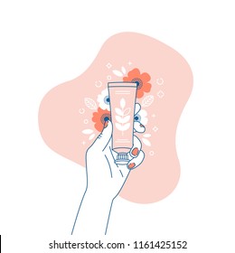 Woman hand holding cream tube. Cosmetics floral illustration. Shopping. Vector illustration