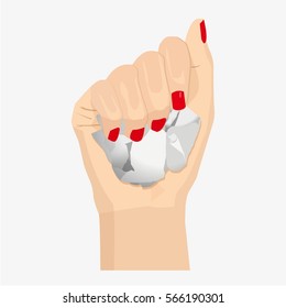 Woman hand holding crumpled paper. Isolated on white background. Flat vector stock illustration