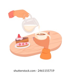 Mano de mujer sosteniendo la taza con café, té y otra mano vertiendo leche. Bebida caliente para el desayuno, descanso, noche de invierno en taza. Ilustración vectorial de dibujos animados aislada sobre fondo blanco.