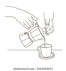 Woman hand holding cup with coffee, tea and other hand pouring milk. Hot drink for breakfast, break, winter evening in mug.