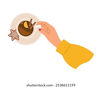 Woman hand holding cup of hot beverage top view. Vector illustration for seasonal and lifestyle content