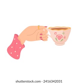 Woman hand holding cup with tea. Hot drink for breakfast, break, winter evening or morning in mug. Cartoon vector illustration isolated on white background.