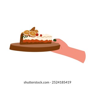 Woman hand holding a cupcake. Female hands cooking, decorating home-baked Christmas cake. Christmas bakery. Festive food, family culinary, Christmas, New Year traditions vector cartoon illustration 