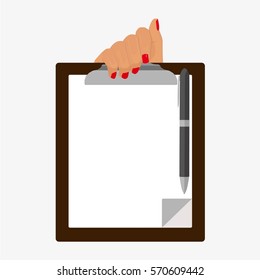 Woman hand holding empty blank sheet of paper. Isolated on white background. Flat vector stock illustration