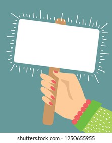 Woman hand holding empty paper blank sign plate Flat design Vector illustration. Concept of empowerment of women