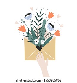 Woman hand holding an envelope with flowers. Spring flowers bouquet sketch. Love letter flat vector illustration. Happy Valentines day romantic background, banner design concept. 