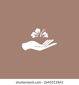A woman hand holding flower logo on isolated background. Minimalist elegant feminine logo. Beauty logo. Vector illustration