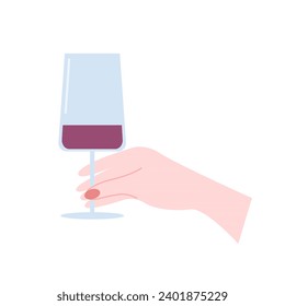 Woman hand holding a glass of red wine flat vector illustration. Wine tasting flat illustration