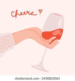 Woman hand holding glass of red sparkling wine. Abstract elegant lady arm with glass of alcohol drink, modern celebration concept. Vector flat illustration