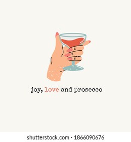 Woman hand holding a glass of wine with lettering. Greeting card for Valentine's day 