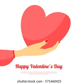 Woman hand holding heart. Flat vector illustration. Happy Valentine's Day greeting card. Love concept symbol