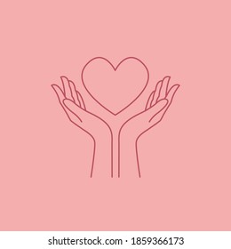 Woman hand holding a heart, logo template for your design, line art style. Vector illustration