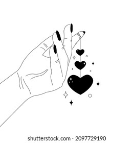 woman hand holding hearts, self love concept in linear style, sticker for valentine or tattoo, made with love logo, donation theme