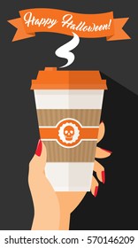 Woman Hand Holding Holiday Take Away Paper Coffee Cup -  Happy Halloween Flyer Poster - Simple Flat Design Vector Illustration