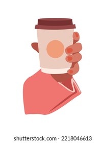 Woman hand holding hot drink or beverage in paper cup. Brewing or pouring espresso, coffee, cappuccino take away. Flat vector cartoon realistic illustration isolated.