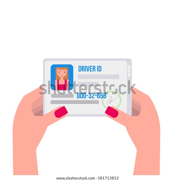 Woman hand holding the id card. Driver license\
Vector illustration flat\
design.