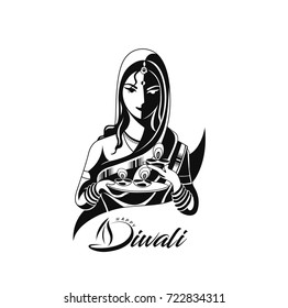 Woman Hand holding Indian oil lamp - diya, Diwali festival, Hand Drawn Sketch Vector .