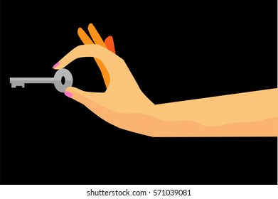 Woman Hand Holding Key, at Black Background
