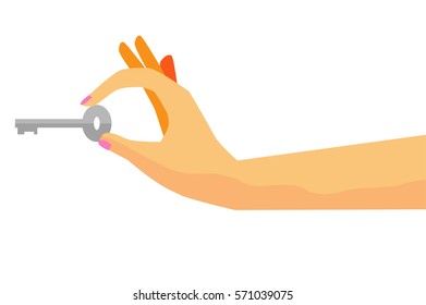Woman Hand Holding Key, Isolated on White
