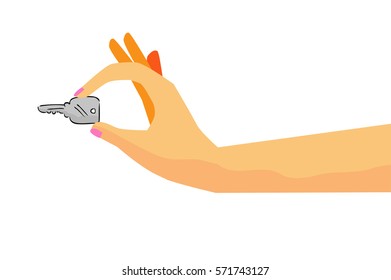 Woman Hand Holding Key, Isolated on White
