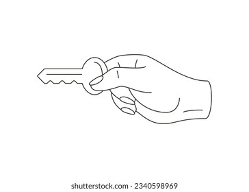 Woman hand holding key for open lock door entrance minimal line art icon vector illustration