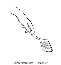 Woman hand holding . Kitchen tools. Outline cooking gesture. Cooking hand isolated on white background.