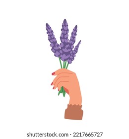 Bouquet de flores de lavanda con mano de mujer, piedras naturales con flores moradas, hermoso presente para vacaciones de primavera aislado en fondo blanco. Ilustración de vectores de dibujos animados, icono, imágenes prediseñadas