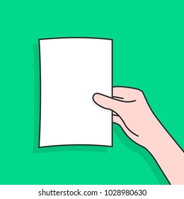 woman hand holding linear document. concept of person watching or showing portfolio or brochure with check list. contour flat style trend modern simple graphic art cartoon design isolated on green