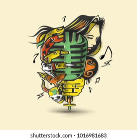 Woman hand holding microphone, vector illustration.