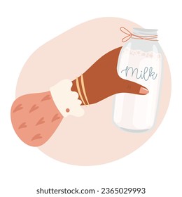 Woman hand holding milk bottle. Vector illustration 