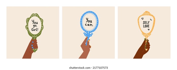 Woman hand holding mirror. Abstract motivational quotes acceptance self love concept. Hand drawn cartoon vector set