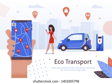 Woman Hand Holding Mobile Phone Searching Places while Car is Charching at E-StationBanner Vector Illustration. Eco Transport. Map with Different Locationa such as Shop, Gym, Cinema.