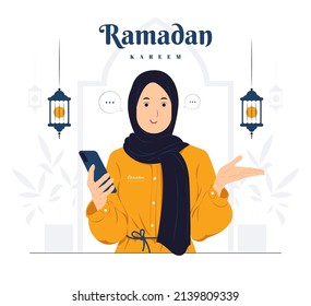 Woman with hand holding mobile smart phone on Ramadan Kareem concept illustration