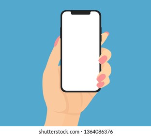 Woman hand holding new smartphone, mobile, cellular phone with blank white screen. Vector flat illustration isolated on blue background. 