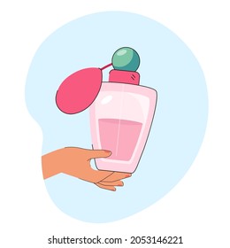 Woman hand holding perfume bottle. Flat vector illustration. Vintage retro fragrance packaging. Fashion and style. Perfume boutique advertising. Web page landing.