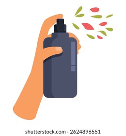 Mulher mão segurando frasco de perfume pulverizando fragrância floral, aromaterapia e conceito de perfumaria