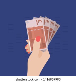 Woman Hand Holding Pound Sterling Banknotes. Money In Hand Isolated. Vector Illustration, Flat Design Style. Giving Money. Spending Money