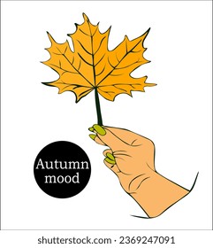 Woman Hand Holding Red Maple Leaf. Autumn mood, change of seasons. for postcards, advertisements, banners.